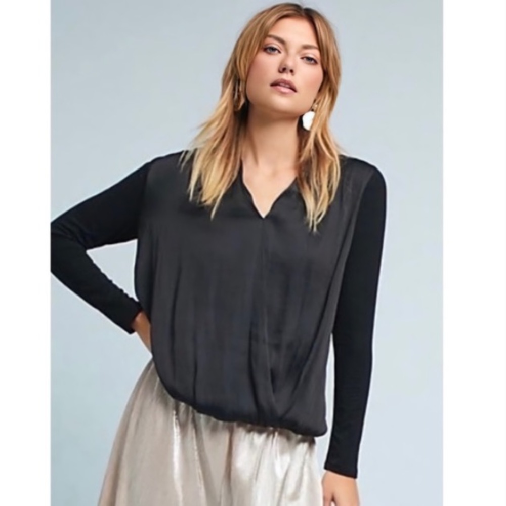 Anthropologie Dolan Sateen Faux Wrap Top Black Size Small